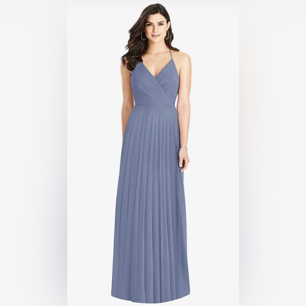 Dessy Group Ruffle Strap Cutout Wrap Maxi, Larkspur Blue, Luxe Chiffon, Size 6